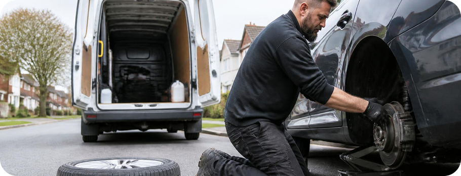 Technician changing a car tyre at the roadside