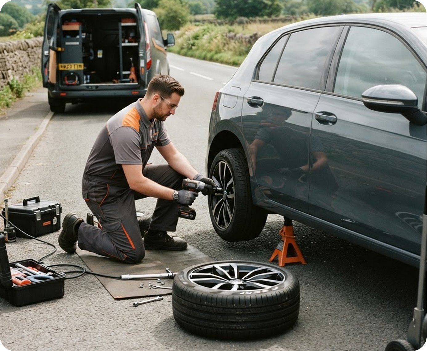Technician fitting a car tyre